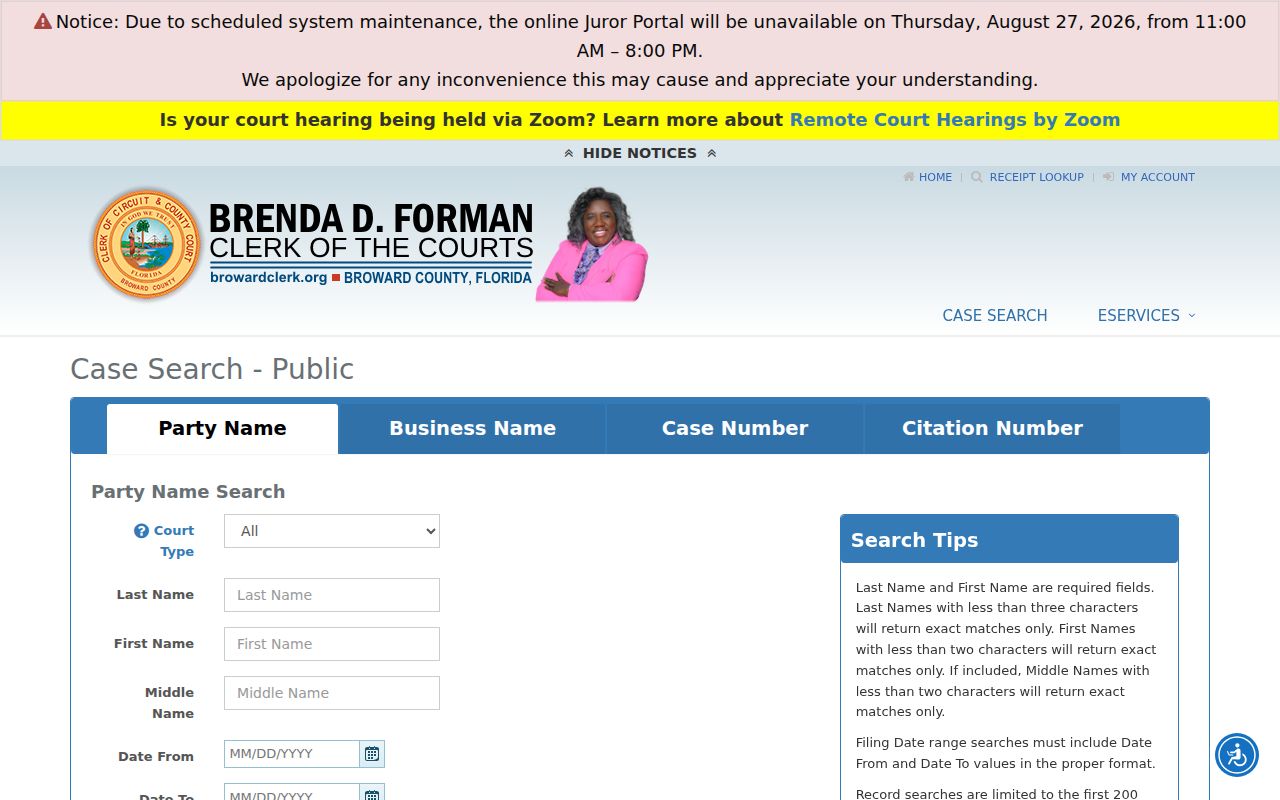 Broward Clerk court case search fields used for Fort Lauderdale name research