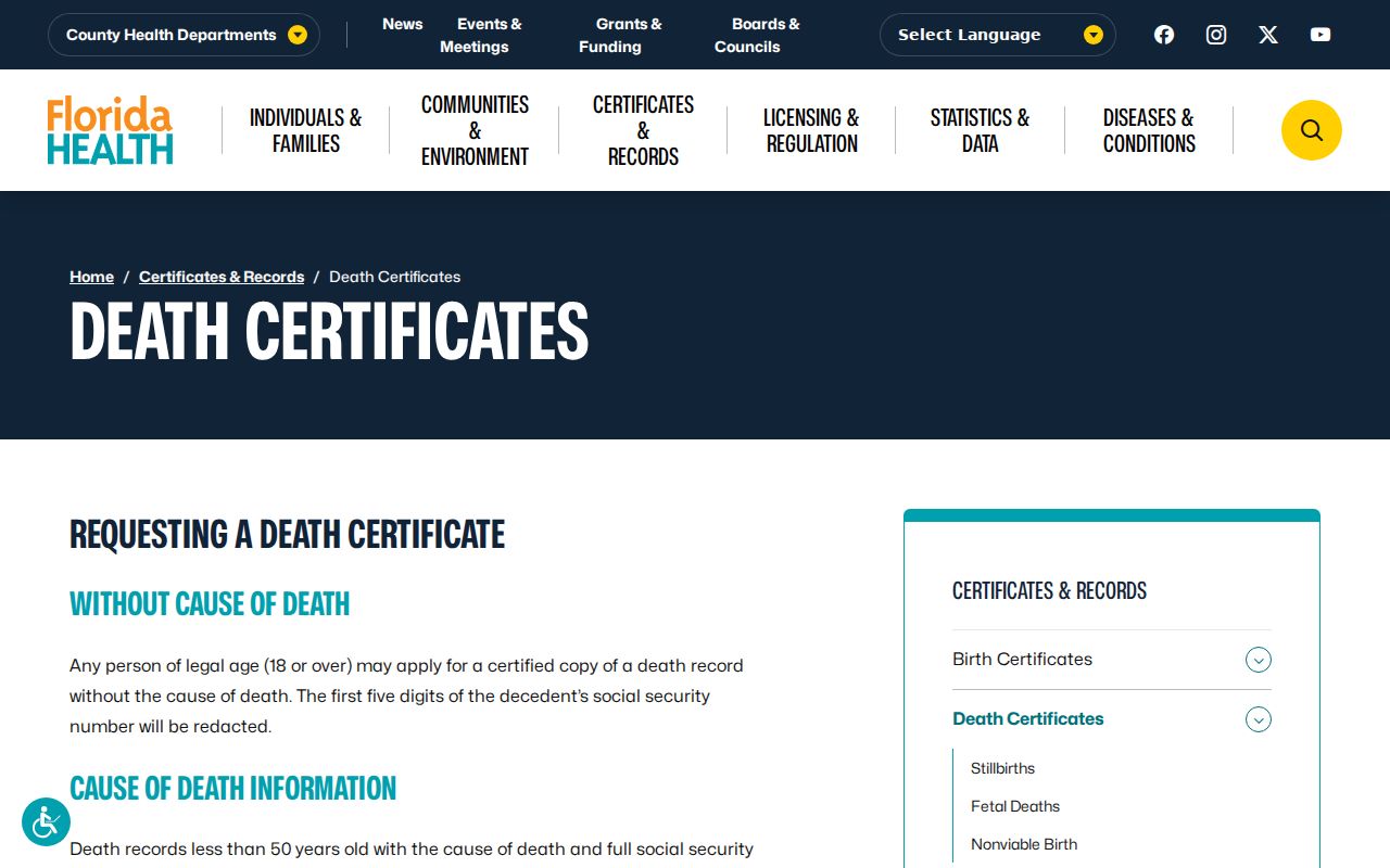 Florida death certificate restrictions relevant to Fort Lauderdale neighbors research