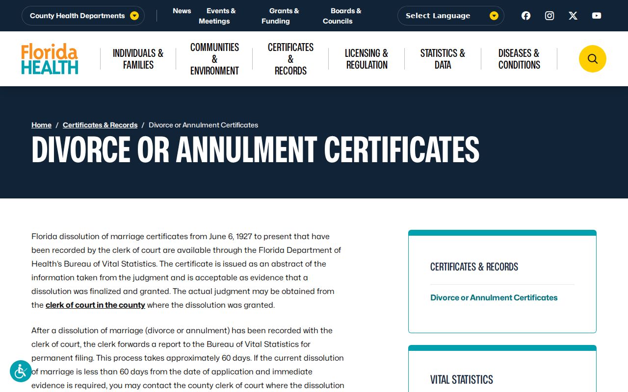 Florida divorce certificate access page clarifying limits for Fort Lauderdale neighbors searches