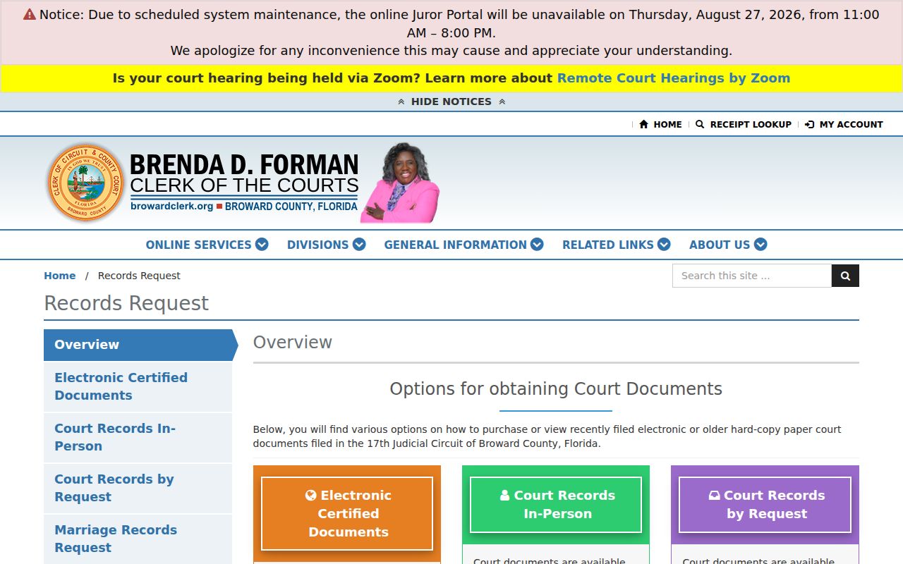 Broward Clerk court request options for Fort Lauderdale previous residents probate research