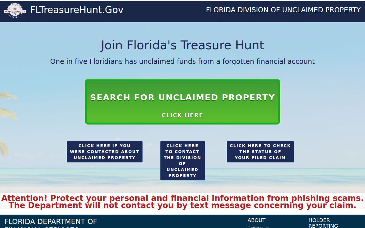 Florida Treasure Hunt unclaimed property search for a Fort Lauderdale resident lookup