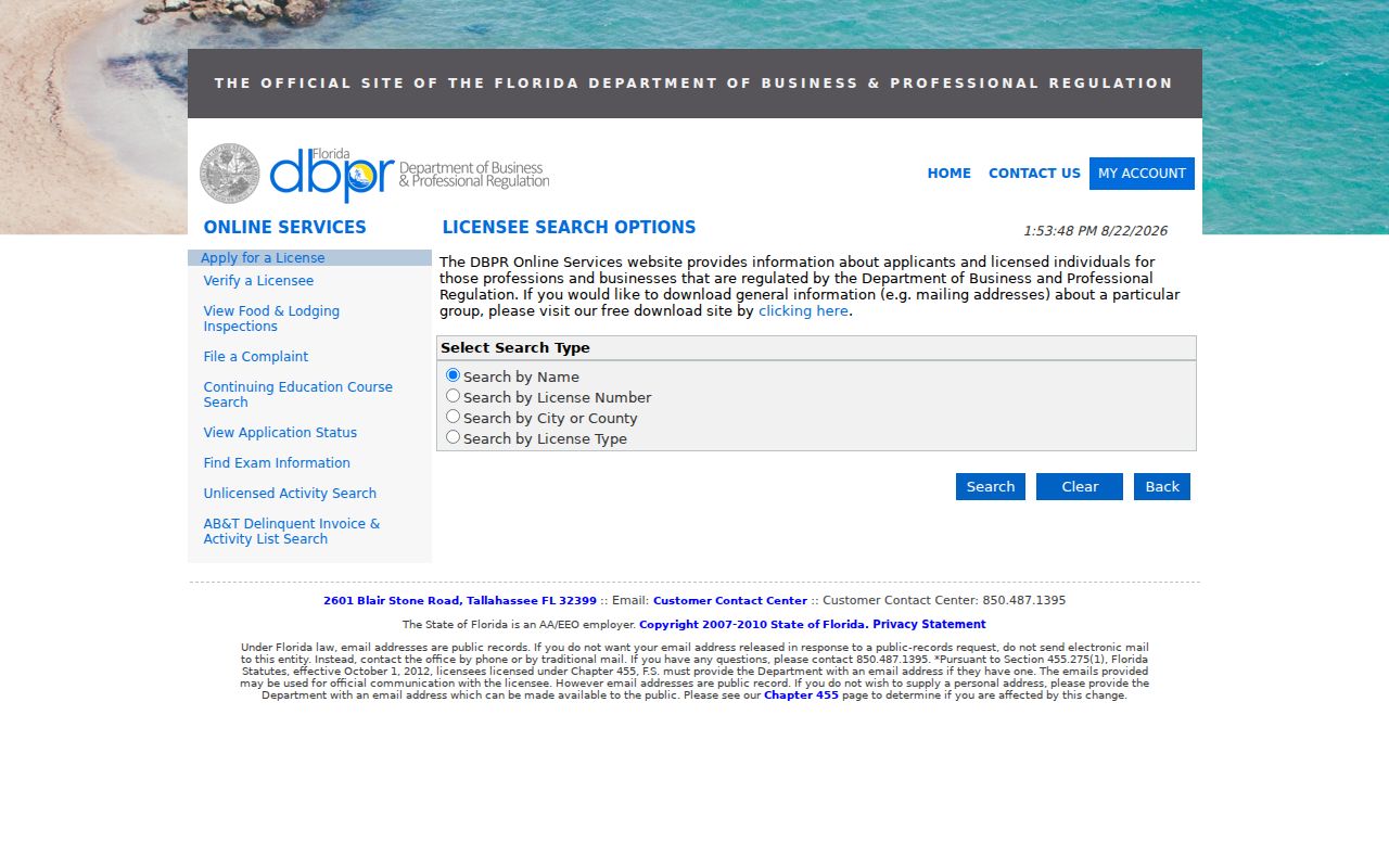 Florida DBPR professional license search for a Fort Lauderdale resident lookup